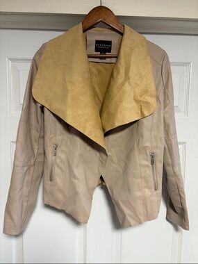 Revamped Taupe Leather Jacket with Mustard Suede Collar